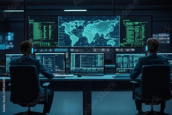 Fototapeta High-tech control room with a holographic global network display, professionals monitoring data, neon blue and green colors