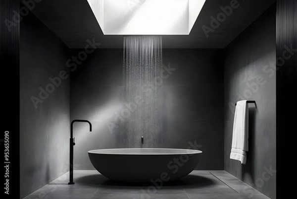Obraz Minimalist Monochromatic Bathroom with Freestanding Tub and Skylight   Architectural Photography
