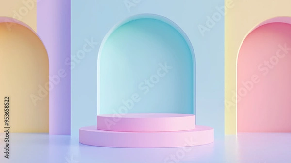Obraz Pastel pink empty circular staired product display podium against backdrop of archways