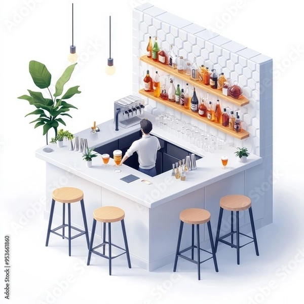 Obraz Isometric Illustration of 3d cocktail bar interior with bartender,cafe soft drink