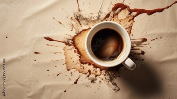 Fototapeta Coffee cup and spilled coffee on a white background. view is from above. Neural network ai generated art