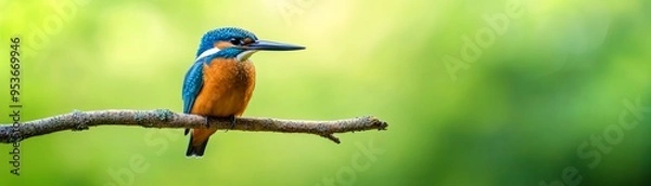 Fototapeta A bright blue and orange kingfisher perches on a branch with a green, blurred background.