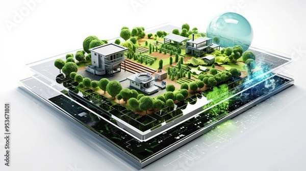Fototapeta Tiny houses surrounded by lush greenery on a smartphone tablet concept
