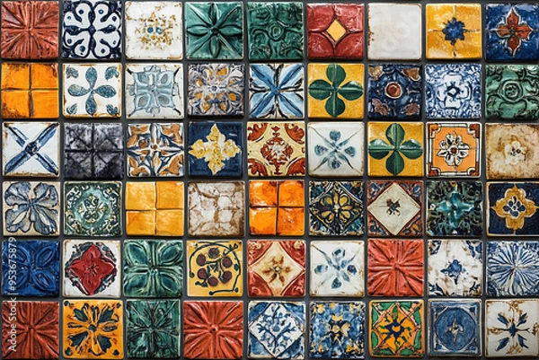 Fototapeta Brightly colored tiles with traditional patterns. Arranged neatly on the wall, each tile is painted with a unique design.