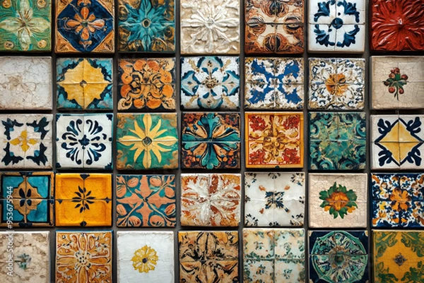 Fototapeta Brightly colored tiles with traditional patterns. Arranged neatly on the wall, each tile is painted with a unique design.
