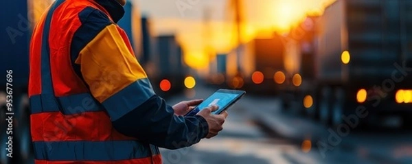 Fototapeta A worker in a safety vest uses a tablet outdoors, with trucks and a sunset in the background, symbolizing logistics and transport.