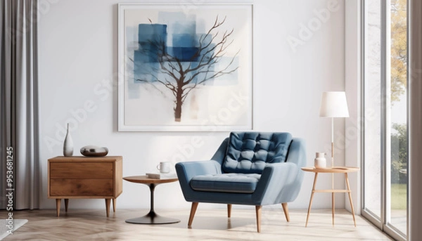 Fototapeta Modern Living Room Interior with Blue Armchair and Abstract Painting