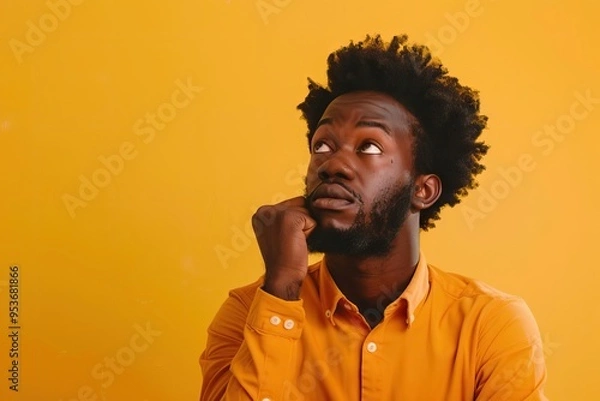 Fototapeta afro man thinking on yellow background with space for text
