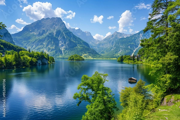 Fototapeta A serene mountain lake landscape in sunny day, a forest and a clear blue lake reflecting the vibrant colors.