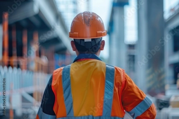 Fototapeta Engineer in safety gear overseeing construction project.