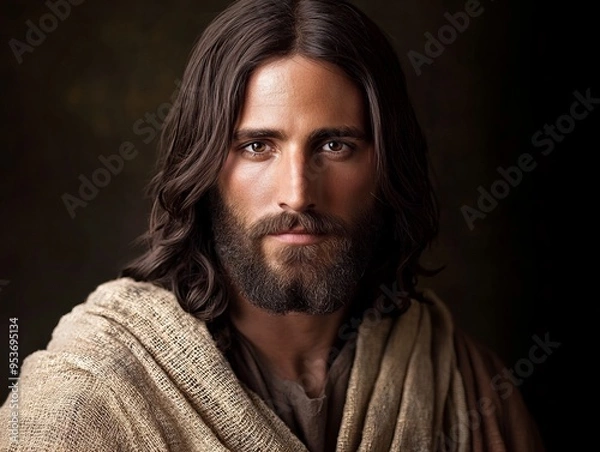 Fototapeta portrait of a handsome long-haired man with a beard in traditional tunic