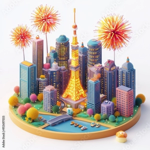Obraz Isometric Illustration of 3d Tokyo city with firework in new year icon