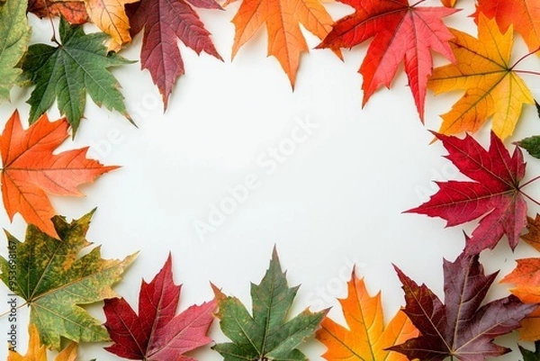 Fototapeta Autumn Maple Leaves Flat Lay White Background created with Generative AI