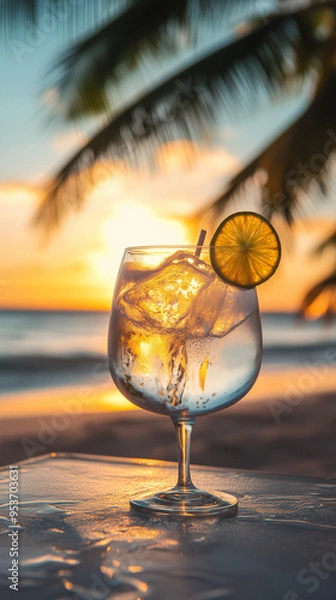 Fototapeta Tropical Gin and Tonic with Lime at Sunset on a Beach