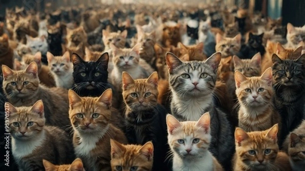 Obraz A large group of variously colored cats with different expressions sitting and looking straight ahead calmly.