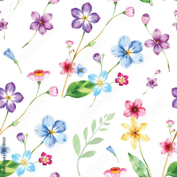 Fototapeta Watercolor floral pattern and seamless background. Hand painted. Gentle design for fabric, wrap paper or wallpaper. Raster illustration.