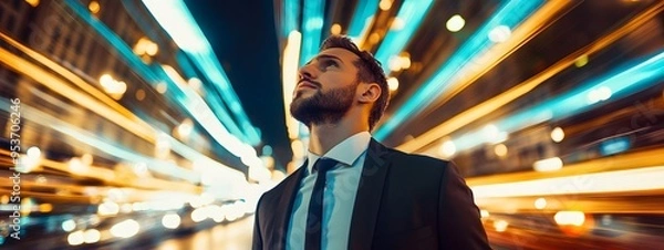Obraz A businessman standing in the city at night, surrounded by light trails from passing cars