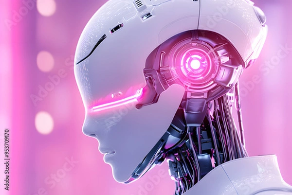 Fototapeta A close-up of the head and shoulders of an advanced humanoid robot, with glowing neon lights reflecting off its metallic surface in a pink light. 
