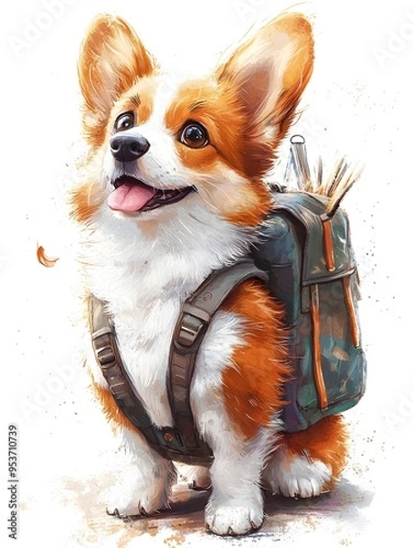 Obraz Mischievous Corgi in Tiny Backpack Vibrant Anime Style on Serene Background