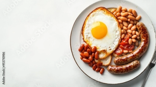 Fototapeta A high-quality AI-generated stock image of a traditional English breakfast with beans and sausage on the right side, leaving space on the left for text. Ideal for breakfast menus or food blogs.
