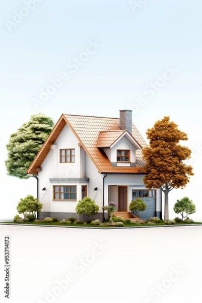 Fototapeta A white house with a brown roof, two trees, and a garage, isolated on a white background.