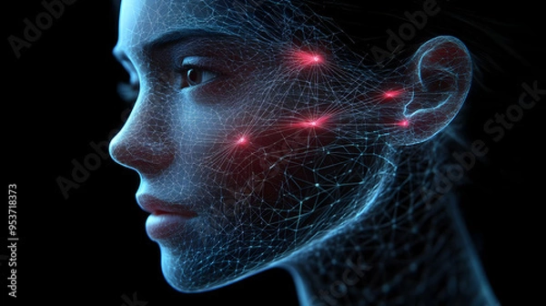 Fototapeta A woman's face, rendered as a digital mesh with red highlights, against a dark background.