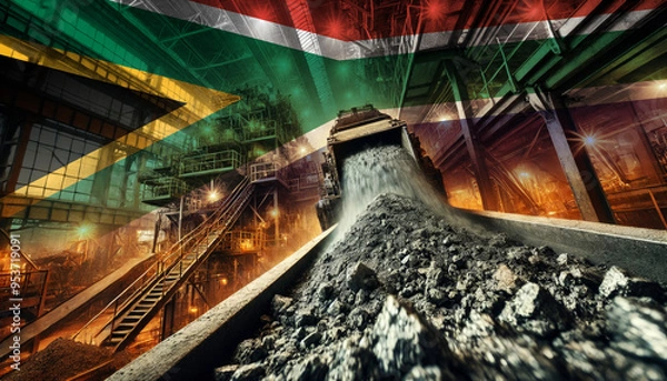 Fototapeta An industrial scene of coal being processed, combined with the South Africa flag, highlighting the nation's industrial prowess and the importance of energy production