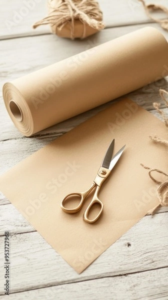 Fototapeta Crafting supplies including a roll of brown paper, scissors, and twine on a rustic wooden surface for creative projects.
