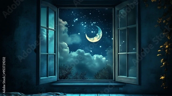 Fototapeta Night Sky View Through Open Window