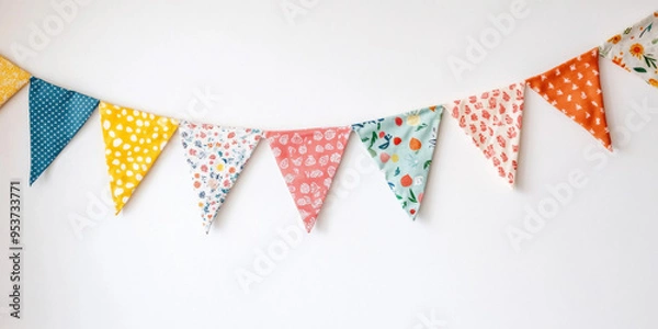 Fototapeta A vibrant bunting garland made of colorful patterned fabric triangles decorates a white wall, perfect for celebrations and home decor.
