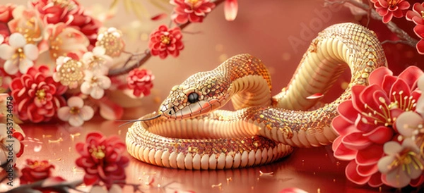 Obraz Happy Chinese New Year 2025, snake on the background of a Christmas red background, zodiac sign according to the Chinese horoscope