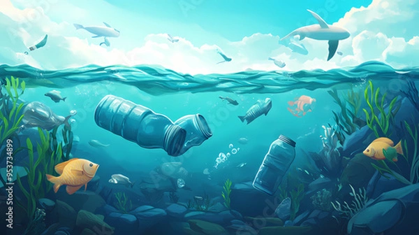 Fototapeta Plastic bottle floating in ocean with aquatic animal, fish. ocean pollution, environmental conservation and ecology concept. generative ai. Ocean. Illustration
