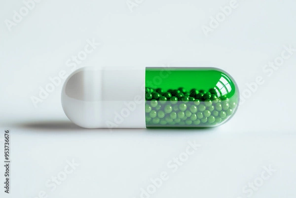 Fototapeta A single white and green capsule pill with green beads visible through the transparent green section.  The pill is isolated on a white background.