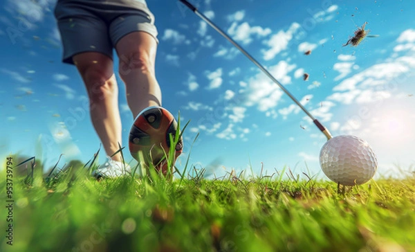 Obraz A man playing golf on a golf course in the sun on a clear day. Close-up of a golf ball. A blurry golfer.