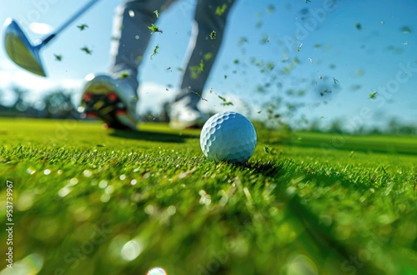 Obraz A man playing golf on a golf course in the sun on a clear day. Close-up of a golf ball. A blurry golfer.