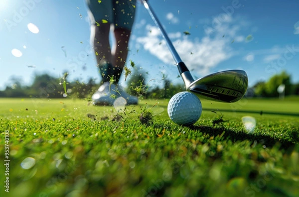 Obraz A man playing golf on a golf course in the sun on a clear day. Close-up of a golf ball. A blurry golfer.