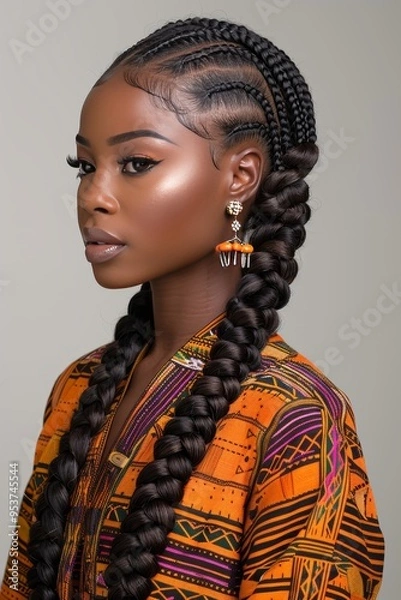 Fototapeta Intricate braided hairstyle with cornrows and central braid on a person in an orange sweater