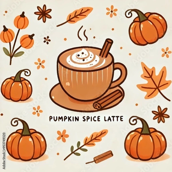 Fototapeta Pumpkin Spice Latte with Autumn Decorations,/かぼちゃのスパイスラテと秋の飾り