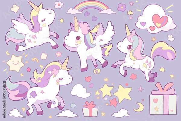Obraz With cute little unicorns, rainbow and magic elements and gifts