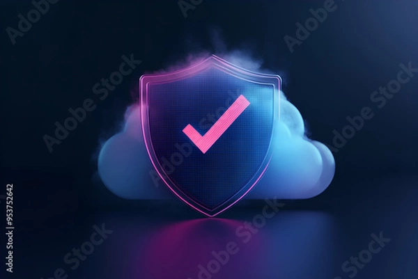 Obraz 3D render of a cloud security shield with a checkmark icon on a dark background,