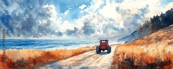 Fototapeta Grader on a coastal road, overlooking the ocean, dramatic seascape, watercolor style