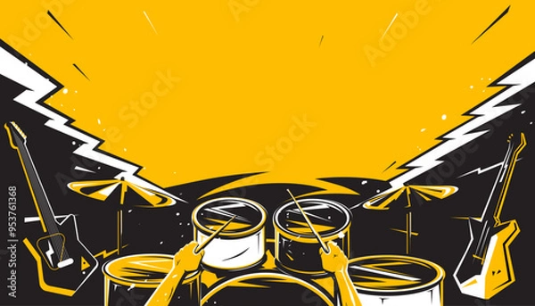 Obraz The party rock concert decorated with drum set and guitar design template for a music festival banner or concert poster.
