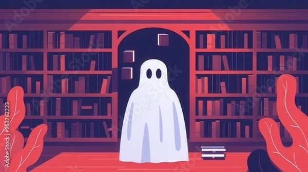 Fototapeta Haunted Library with Floating Books and Ghostly Apparitions, a whimsical flat design illustration capturing a mysterious atmosphere filled with enchanting specters and animated literature