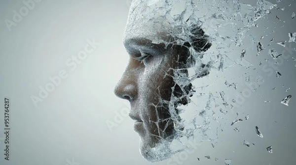 Fototapeta A surreal representation of a face shattering like glass, symbolizing transformation and change in a digital age.