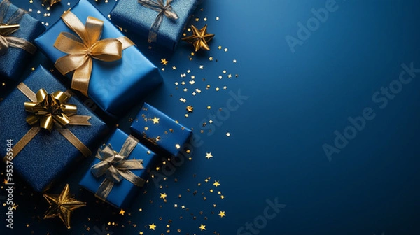 Obraz Arrangement of blue and gold presents with stars and confetti on a blue background