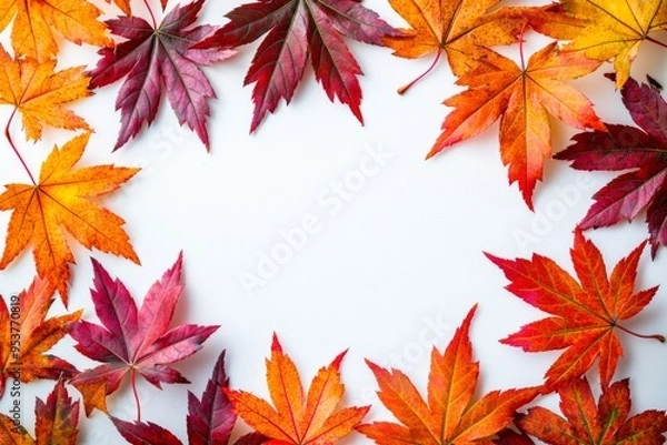 Fototapeta Autumn Maple Leaves Flat Lay White Background created with Generative AI