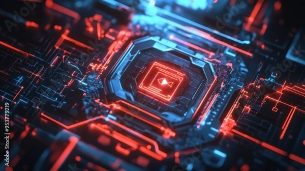 Fototapeta Glowing Red and Blue Circuit Board with Play Symbol