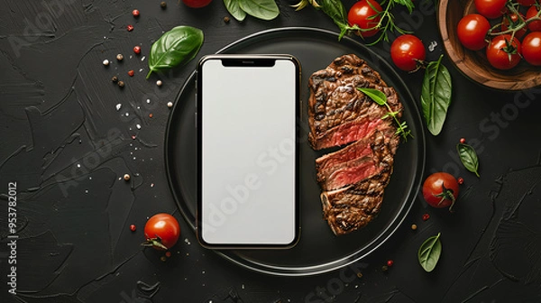 Obraz Top View of Smartphone and Grilled Steak on a Black Plate: Ideal for Steakhouse Promotions, Food Delivery Services