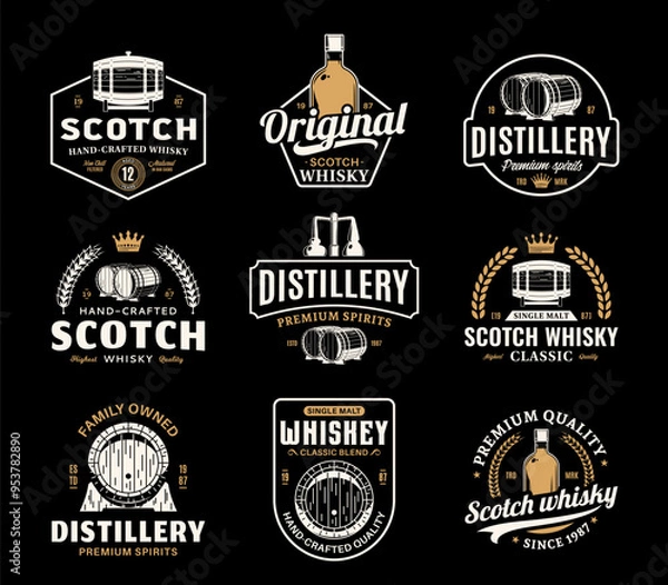 Fototapeta Vector white and gold vintage scotch whisky logo isolated on a black background for distillery, bar, pub branding, design and identity