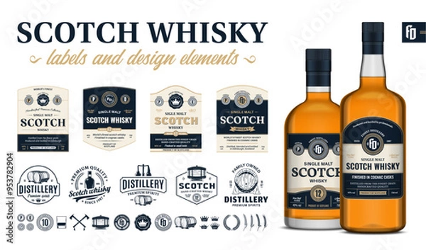 Fototapeta Vector blue and beige premium quality scotch whisky labels. Realistic scotch whisky glass bottle mockups. Distillery branding and identity design elements